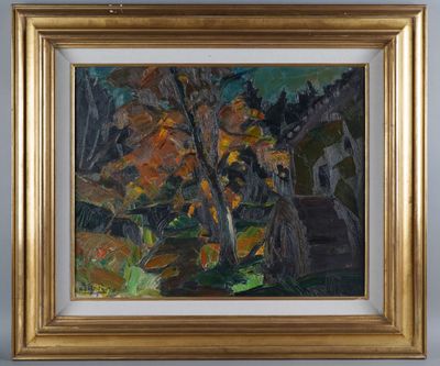 an oil painting of a forest scene in a gold frame