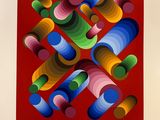 an image of a painting of colorful shapes on a red background