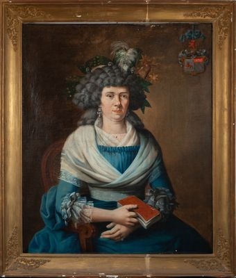 portrait of a woman in a blue dress with a white shawl and a book