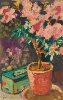 une peinture à l'huile représentant une plante en pot posée sur une table à côté d'une valise