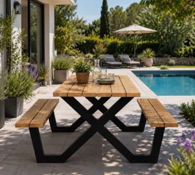 une table en bois avec deux bancs près d'une piscine