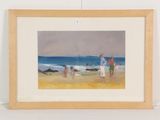 tableau représentant une scène de plage avec des personnes marchant sur le sable