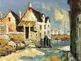 une peinture à l'huile représentant une scène de rue avec des bâtiments et un bateau sur l'eau