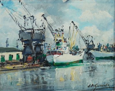 une peinture représentant une scène portuaire avec des bateaux dans l'eau