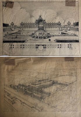 deux images représentant un dessin d'un grand bâtiment sur lequel figure une horloge