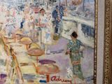 a painting of a woman walking down the street