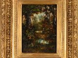 a painting of a wooded landscape with trees and a stream