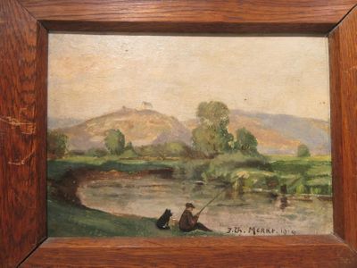 tableau représentant deux hommes en train de pêcher au bord d'une rivière, avec une montagne en arrière-plan
