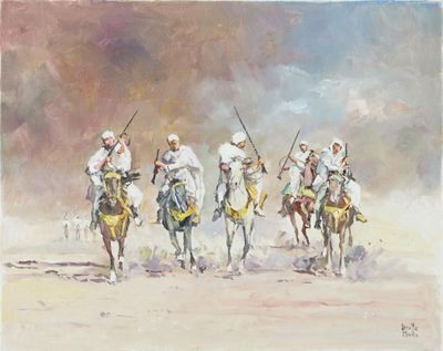 tableau représentant un groupe d'hommes à cheval