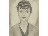 a drawing of a woman in a black and white photo