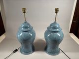 pair of blue ceramic urns with brass bases
