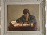 an image of a painting of a woman sitting at a table with a book