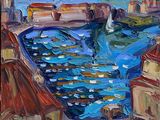 une peinture à l'huile représentant une vue d'un port avec des bateaux sur l'eau