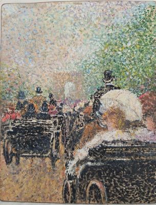 un tableau représentant une calèche tirée par des chevaux avec des personnes à bord