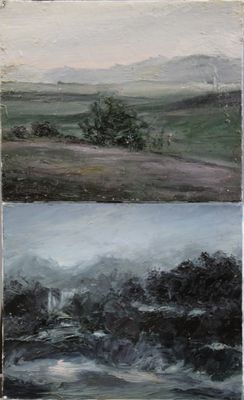 deux tableaux représentant un paysage avec une rivière et des montagnes en arrière-plan