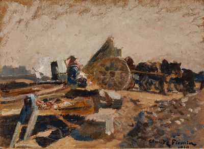 une image représentant un tableau où l'on voit un homme travaillant sur un tas de bois