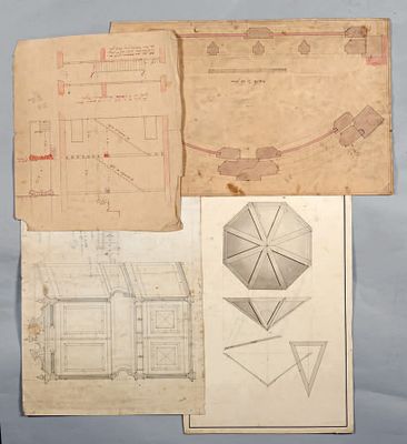 plusieurs dessins et plans d'un bâtiment sur une feuille de papier