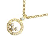 a close up of a gold necklace with diamonds on a white background