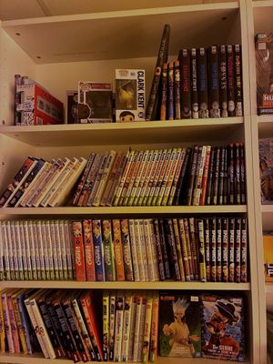 une étagère remplie de DVD et de films dans une pièce