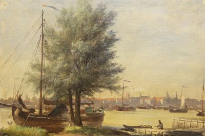 une peinture représentant un bateau sur l'eau près d'un arbre