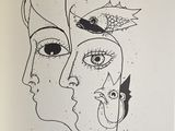 drawing of two faces of a man and a woman with a bird on their head