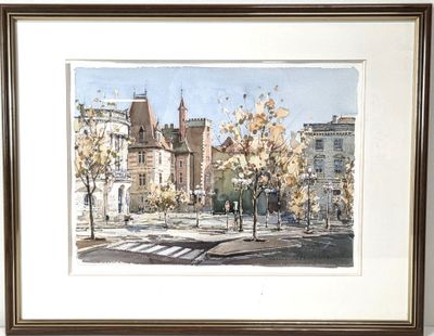 framed watercolor painting of a city street scene with people crossing the street