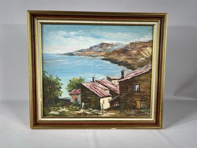painting of a house by the water with a view of the ocean