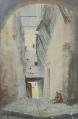 tableau représentant un homme assis dans l'embrasure de la porte d'un immeuble, dans une ruelle