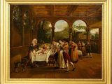 une peinture à l'huile représentant une famille réunie autour d'une table en compagnie d'un chien