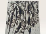 black and white drawing of a bunch of fish hanging from a line