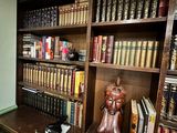 a wooden book shelf with many books on it