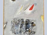 an image of a painting of a white and red object on a blue background