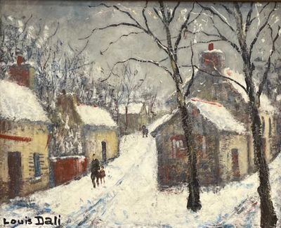 tableau représentant une rue enneigée avec une calèche au premier plan