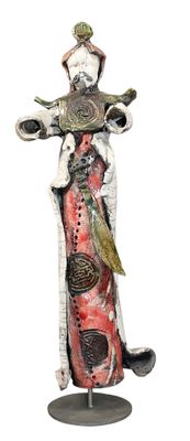 statue of a woman holding a sword and a bird on a stand