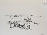 dessin représentant un groupe de personnes debout autour d'un cheval attelé par un homme