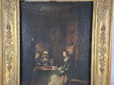 painting of two women sitting at a table in a room with a blue wall