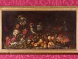 painting of a still life of fruit and flowers on a pink wall