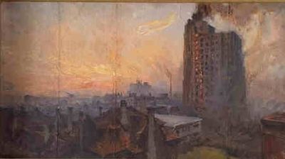 peinture représentant un tableau représentant un paysage urbain avec un bâtiment en arrière-plan
