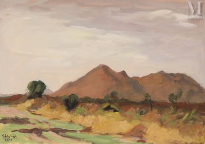 une image représentant une peinture d'un chemin de terre avec des montagnes en arrière-plan
