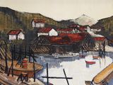 a painting of a boat in a harbor with a mountain in the background