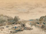 dessin représentant un tableau où l'on voit une rivière avec un pont en arrière-plan