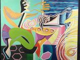 une peinture représentant une femme assise sur une chaise