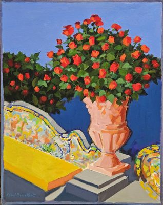 a painting of a vase of flowers on a table