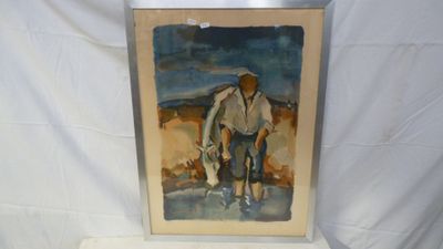 an image of a painting of a man with a hat and a dog