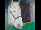 un tableau représentant un cheval blanc avec une bride sur la tête