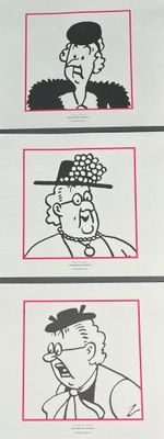 quatre dessins représentant un homme avec un haut-de-forme, une femme avec un haut-de-forme et un homme avec un haut-de-forme