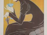 a painting of a woman sitting at a table with a cup of coffee