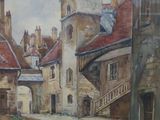 une peinture représentant une rue de ville bordée de bâtiments de part et d'autre