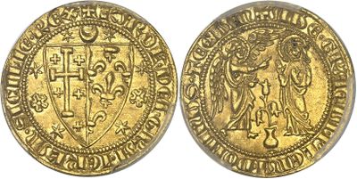 a gold coin with an image of a woman holding a cross