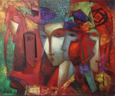 peinture abstraite représentant un groupe de personnes aux couleurs et aux formes variées
